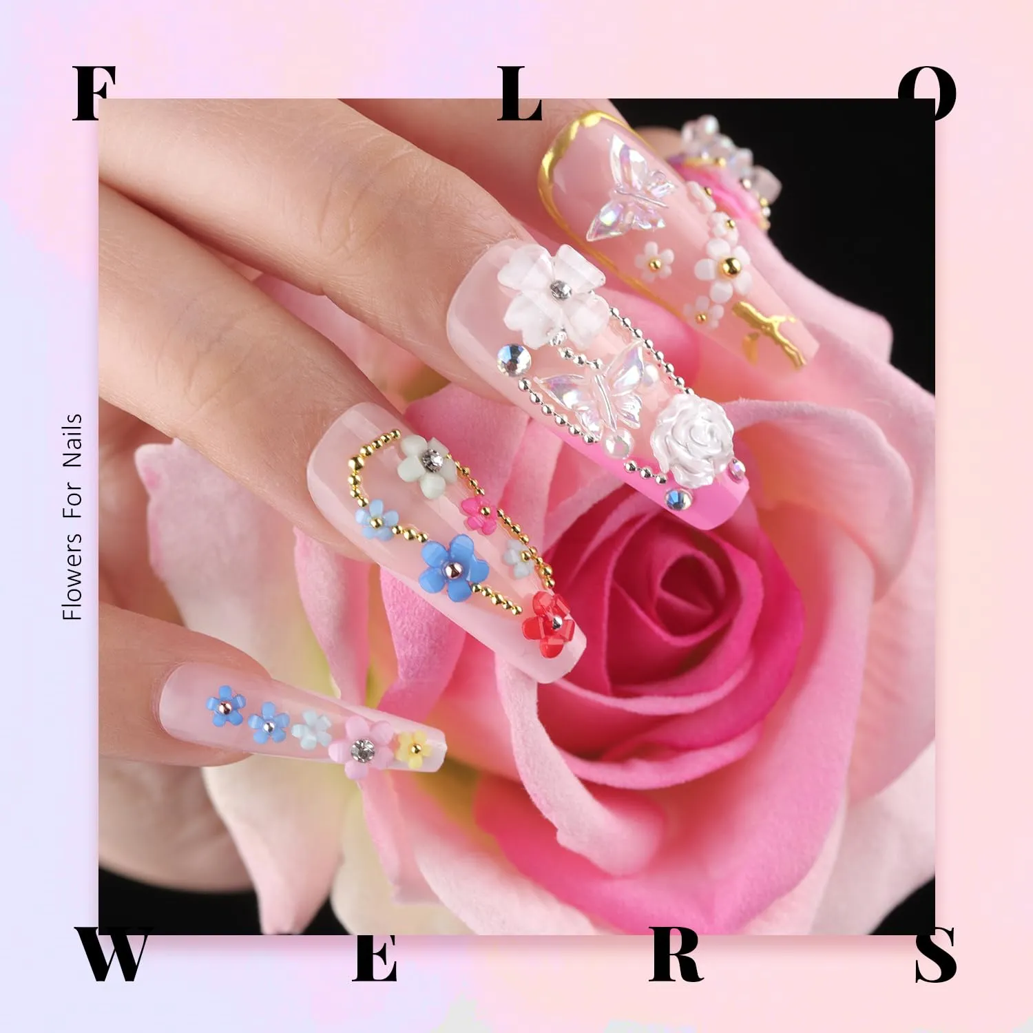 3D Flowers, Manicure Kit with Nail Rhinestone Glue Gel, Colorful Acrylic Flower Nail Charms with Caviar Beads, Rhinestones for Nails with Gem Glue for Nails (UV/LED Needed) with Dotting & Pickup Tools