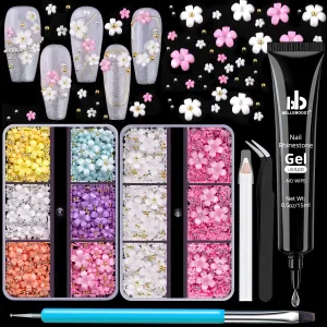 3D Flowers, Manicure Kit with Nail Rhinestone Glue Gel, Colorful Acrylic Flower Nail Charms with Caviar Beads, Rhinestones for Nails with Gem Glue for Nails (UV/LED Needed) with Dotting & Pickup Tools