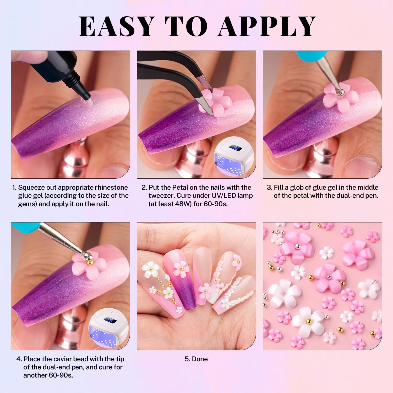 3D Flowers, Manicure Kit with Nail Rhinestone Glue Gel, Colorful Acrylic Flower Nail Charms with Caviar Beads, Rhinestones for Nails with Gem Glue for Nails (UV/LED Needed) with Dotting & Pickup Tools