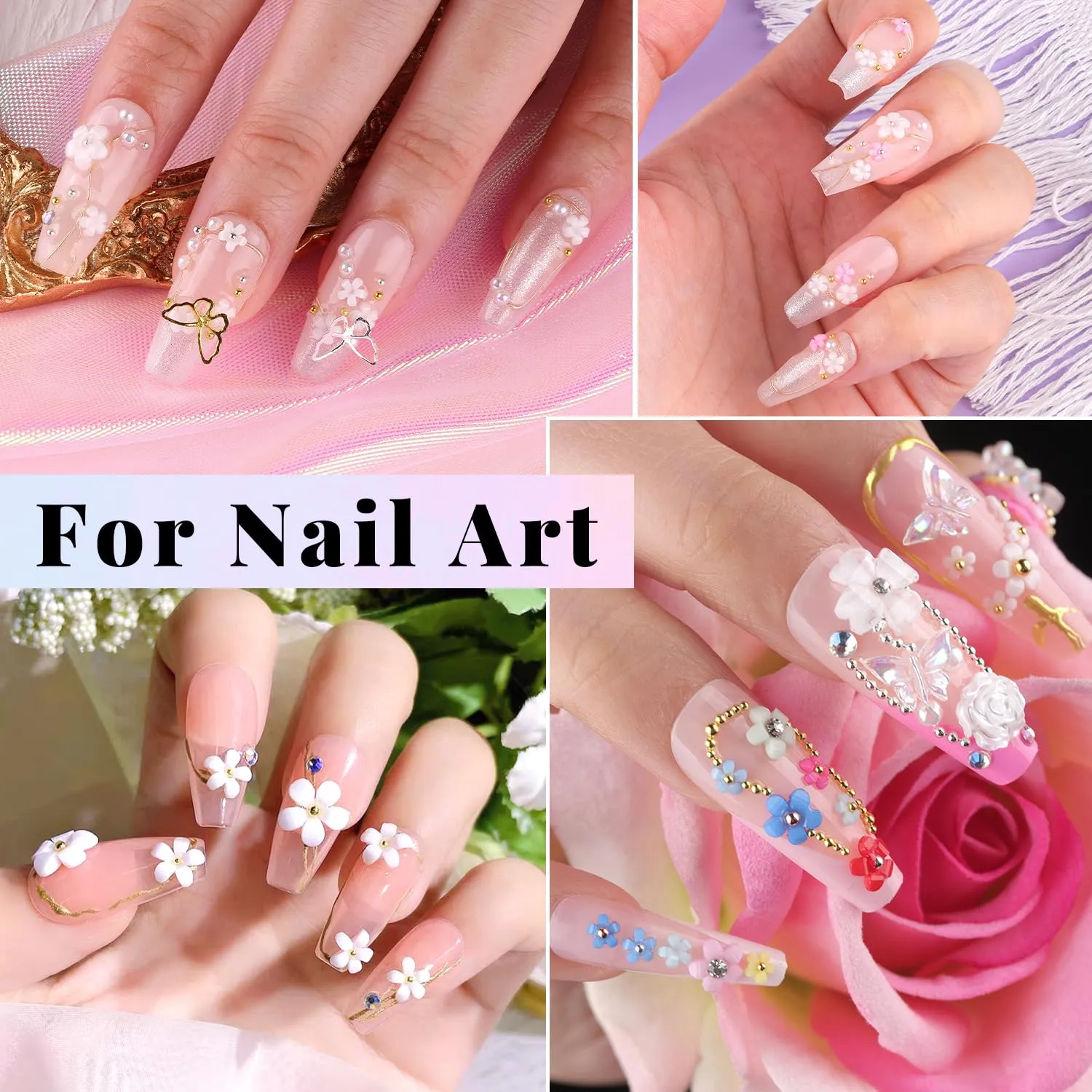 3D Flowers, Manicure Kit with Nail Rhinestone Glue Gel, Colorful Acrylic Flower Nail Charms with Caviar Beads, Rhinestones for Nails with Gem Glue for Nails (UV/LED Needed) with Dotting & Pickup Tools