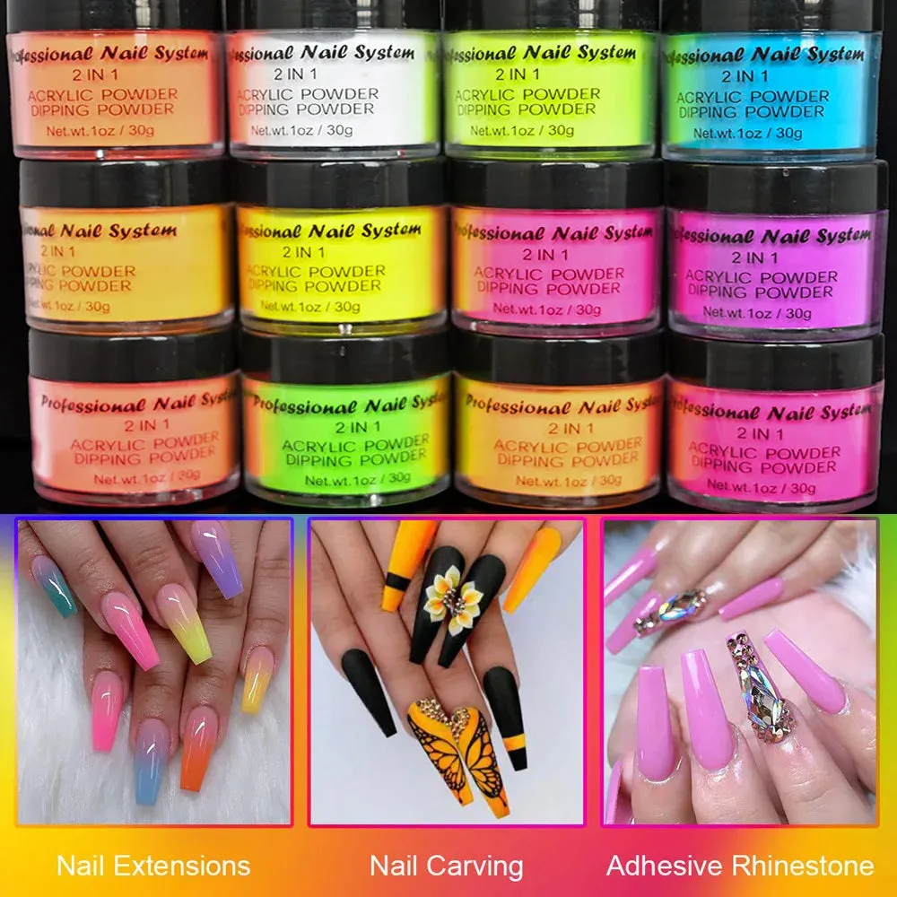 ACRYLIC NEON COLORED POWDER COLLECTION- 1Oz. Size 30G Acrylic Dip Powder Nails 12 Colors YELLOW NEON ACRYLIC POWDER