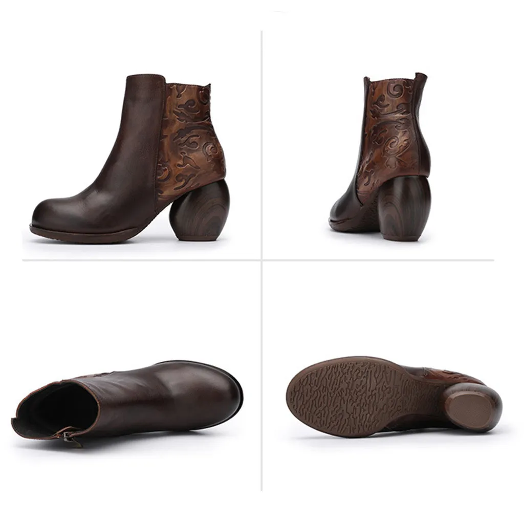 Autumn Winter Retro Leather Chunky Heels Ankle Boots
