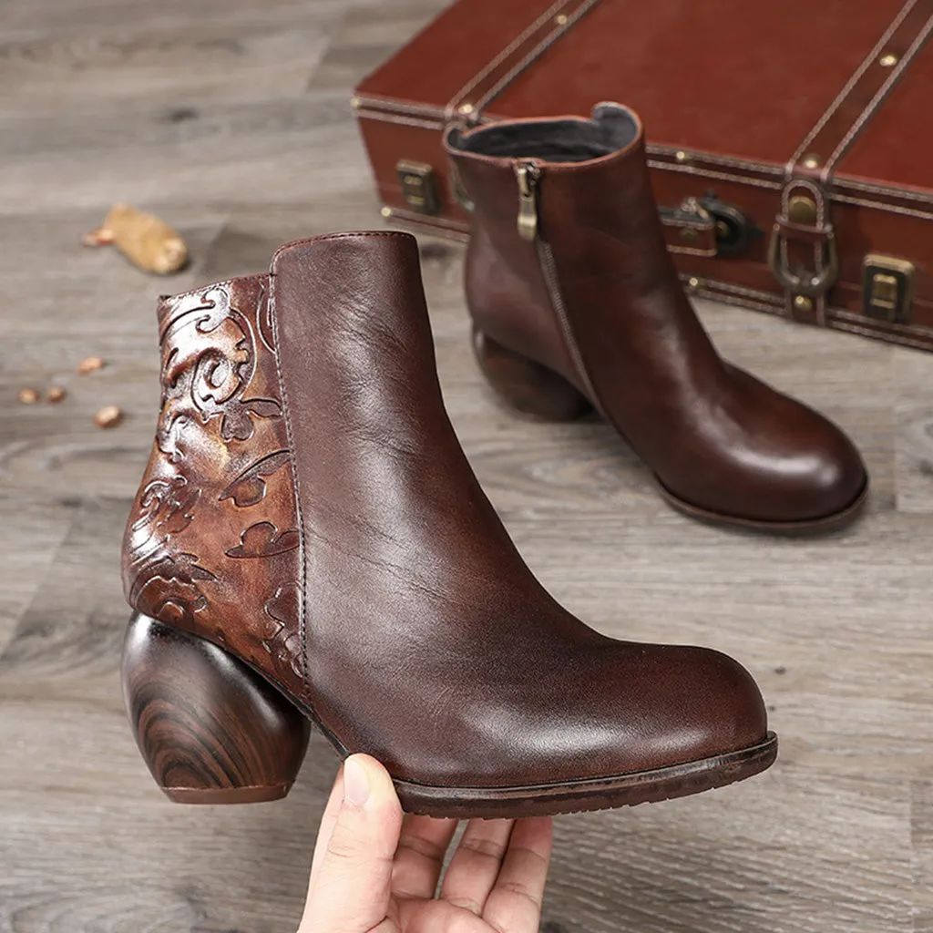 Autumn Winter Retro Leather Chunky Heels Ankle Boots