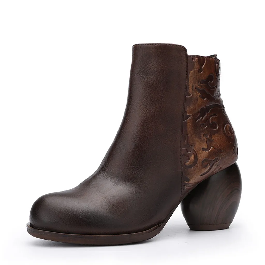 Autumn Winter Retro Leather Chunky Heels Ankle Boots
