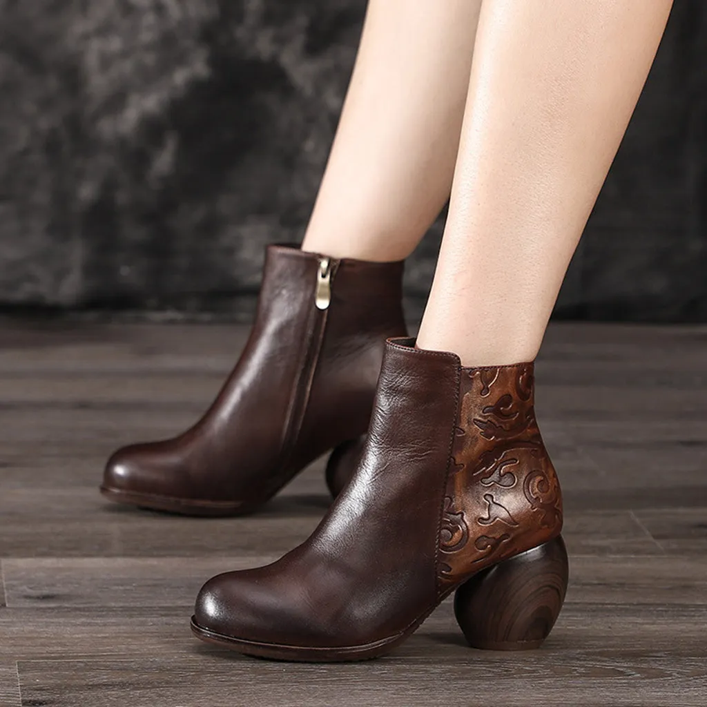 Autumn Winter Retro Leather Chunky Heels Ankle Boots