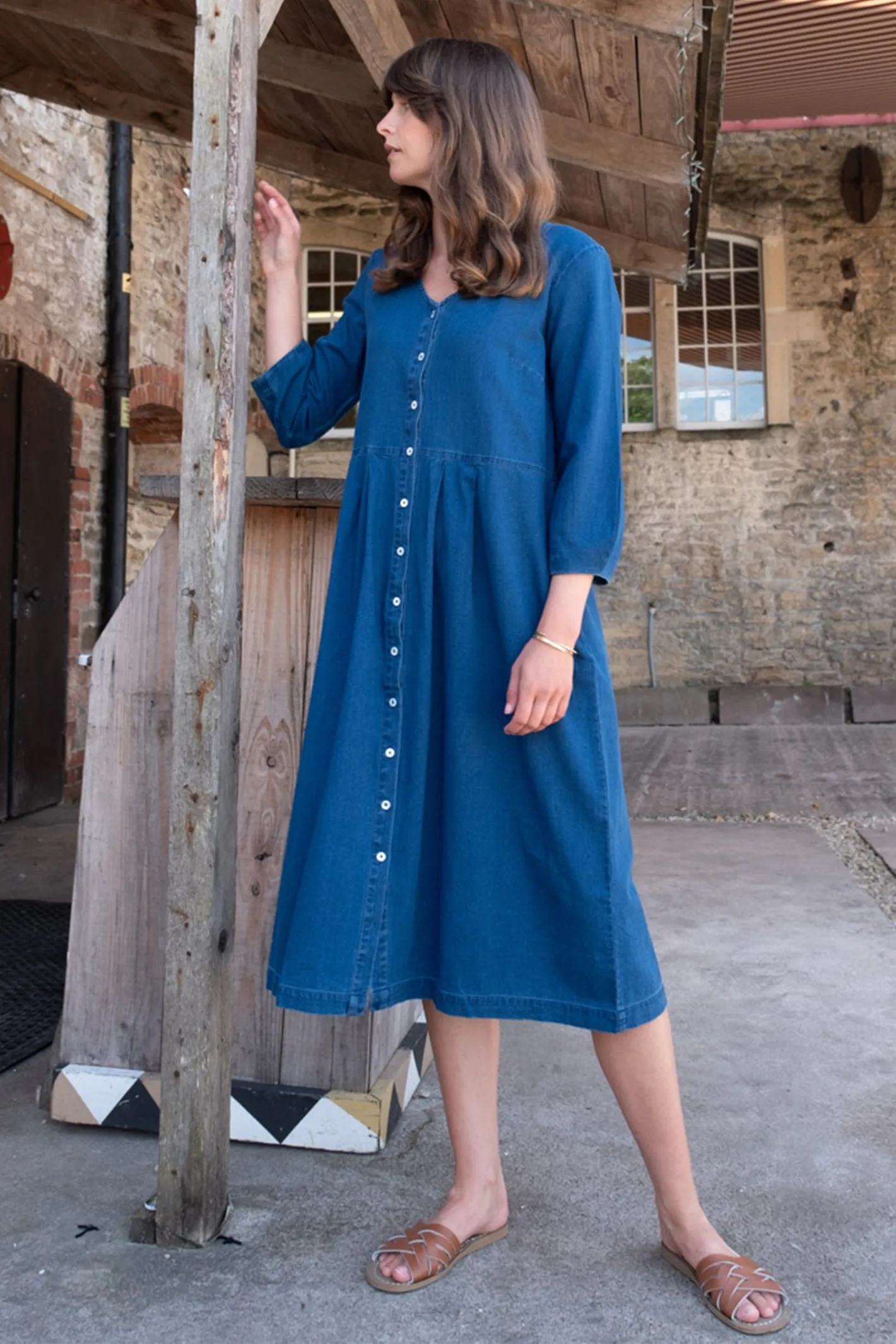 Bibico Jane Midi Shirt Dress Textured Blue Denim