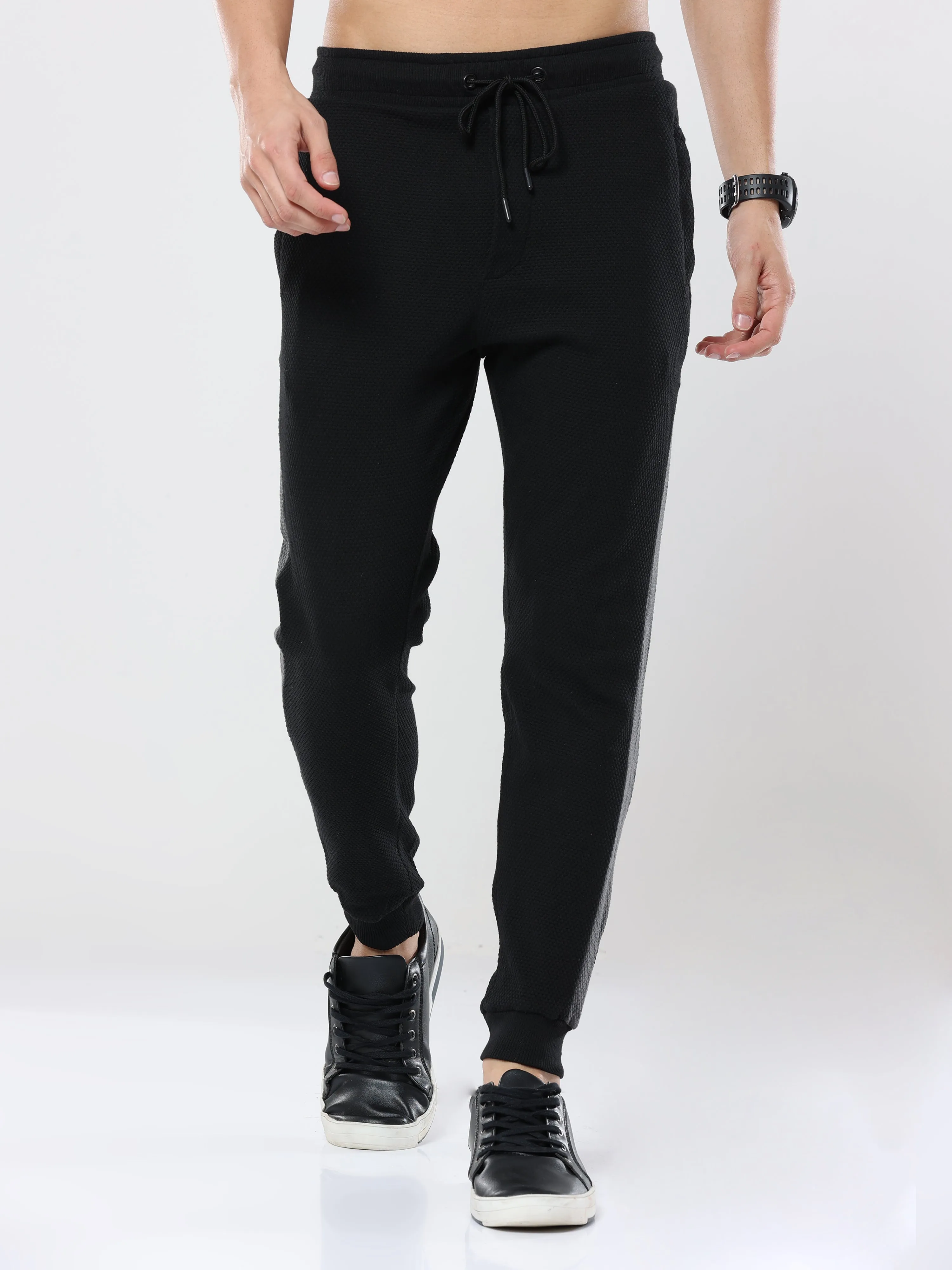 Black striped casual premium Popcorn Track Pant for mens