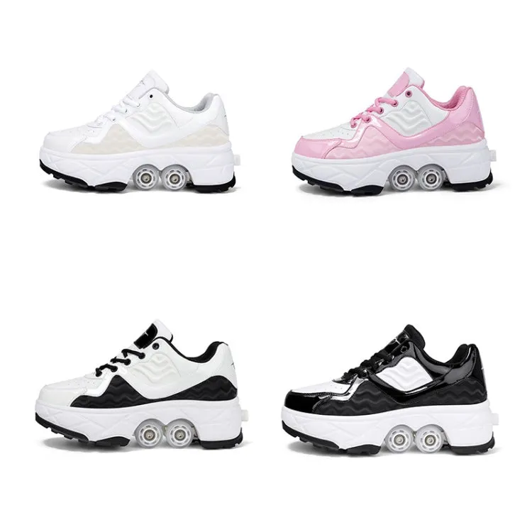 Deformable Four-wheel Retractable Double-row Dual-purpose Roller Skates, Size: 34(DF09 White)