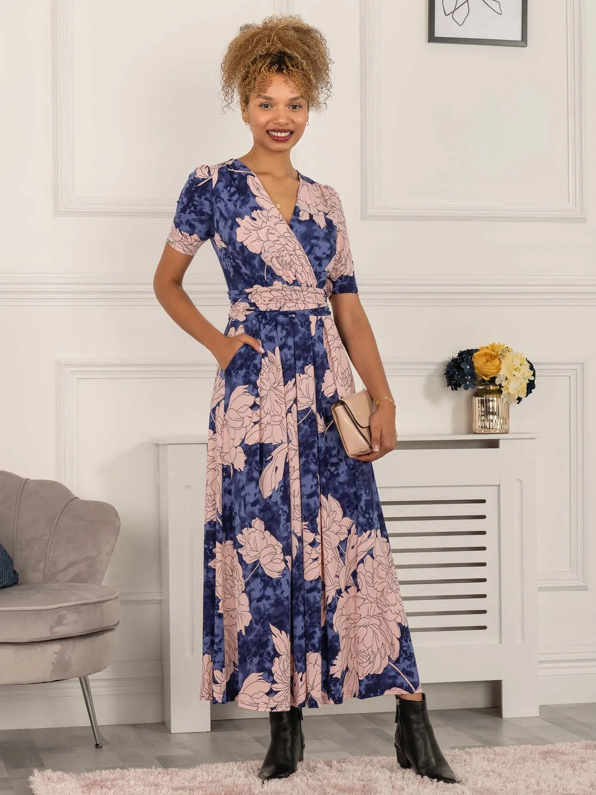 Evita Floral Print Maxi Jersey Dress, Floral Abstract