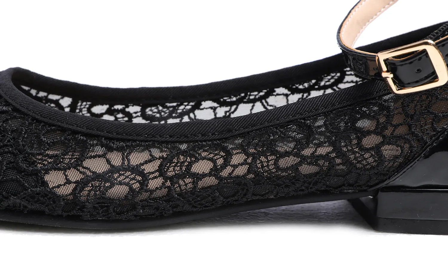 Feversole Women's Mary Jane Fashion Round Toe Easy Buckle Slip On Flats Black Lace Flat Heel Ankle Strap