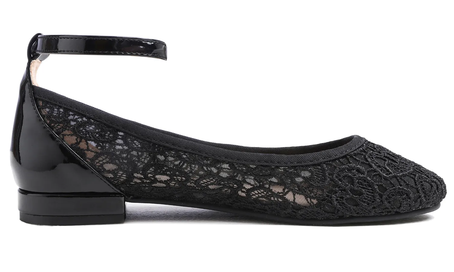 Feversole Women's Mary Jane Fashion Round Toe Easy Buckle Slip On Flats Black Lace Flat Heel Ankle Strap