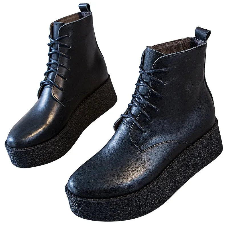 Genuine Leather Retro Women's Lace-Up Boots