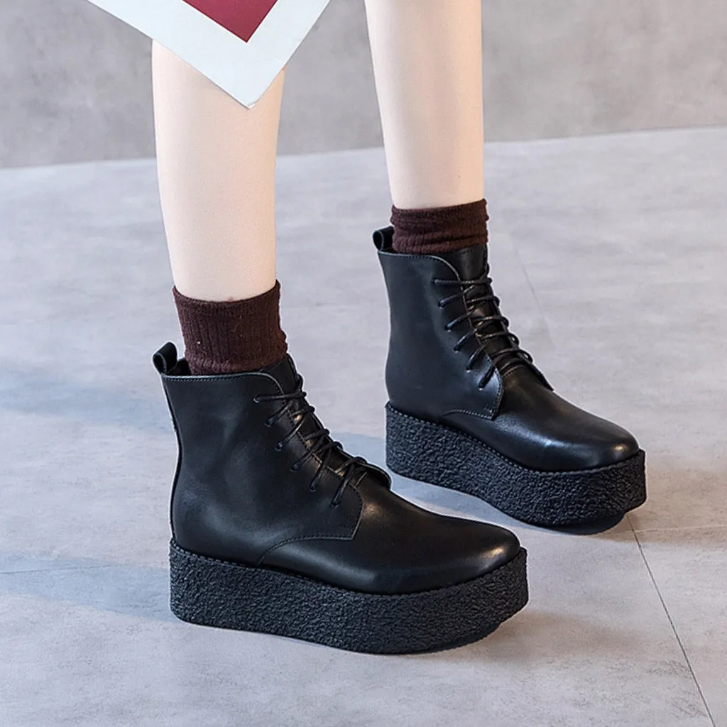 Genuine Leather Retro Women's Lace-Up Boots