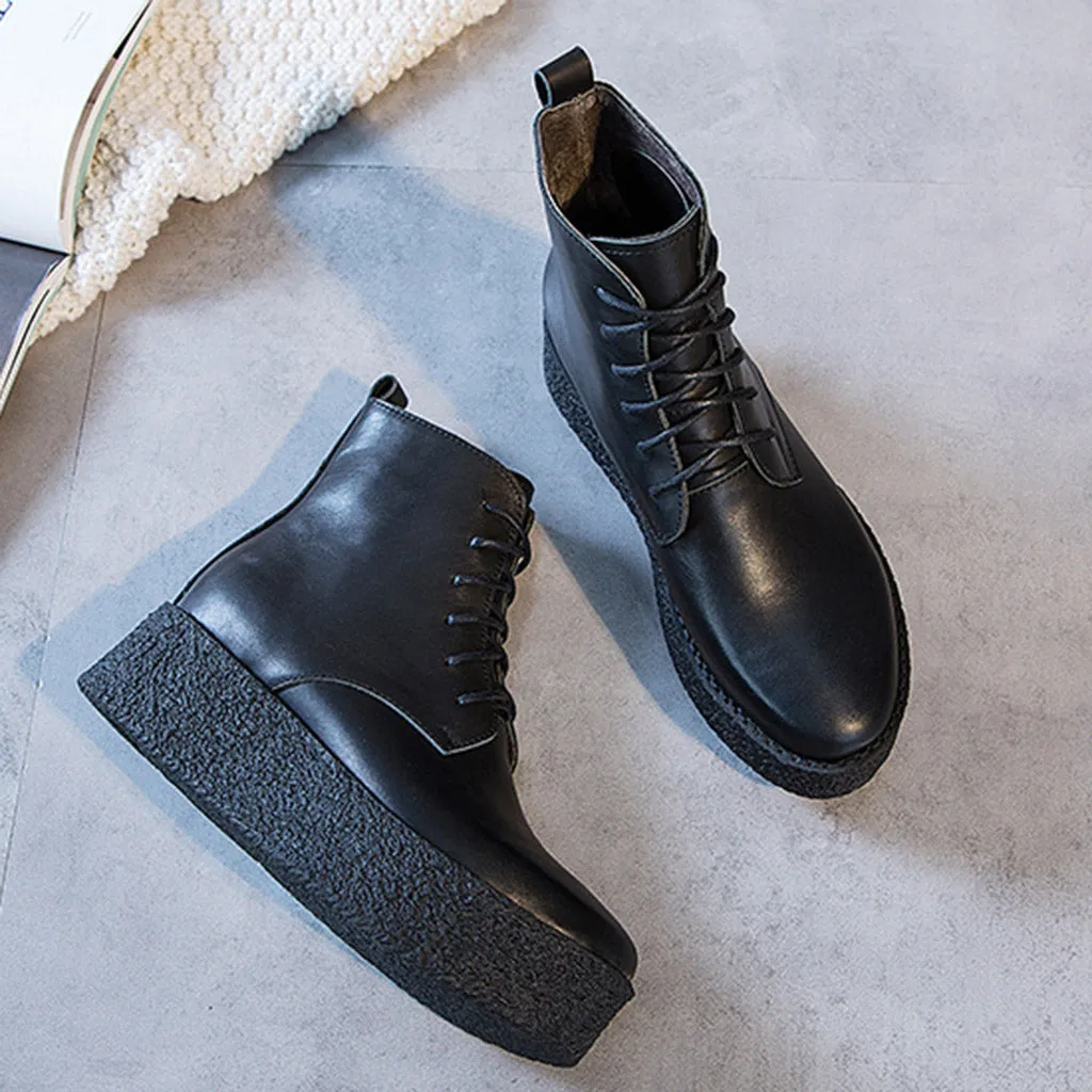 Genuine Leather Retro Women's Lace-Up Boots