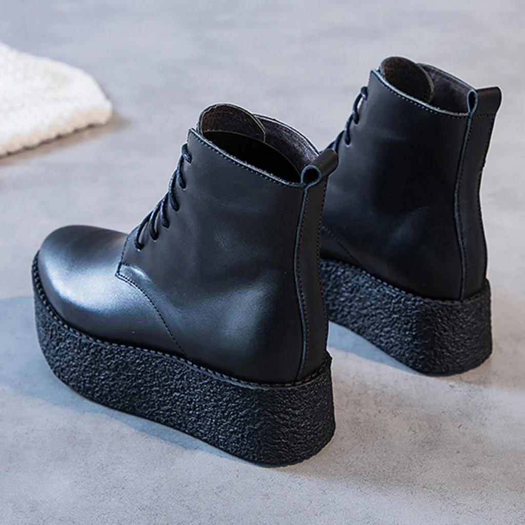 Genuine Leather Retro Women's Lace-Up Boots