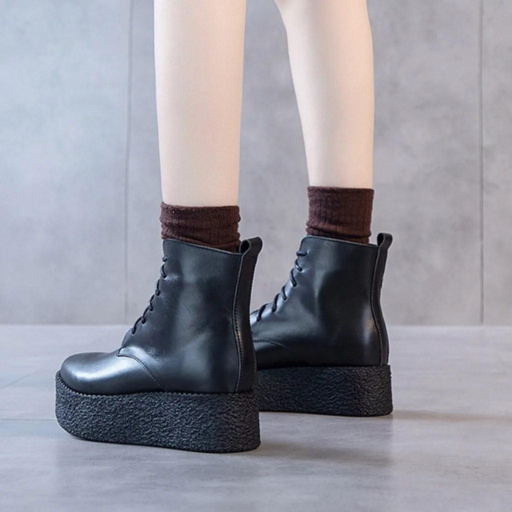 Genuine Leather Retro Women's Lace-Up Boots
