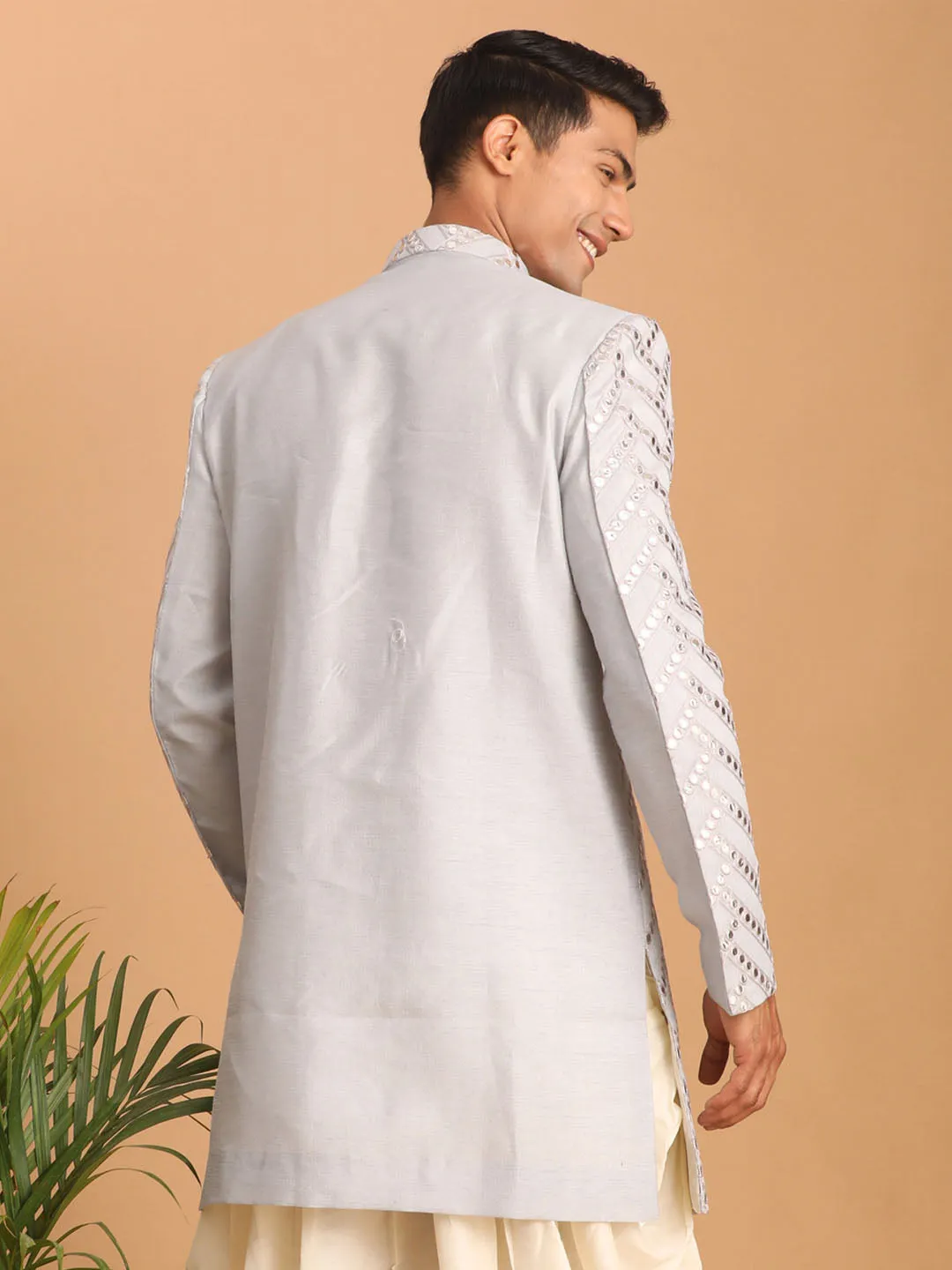 Jashvi Men's Aqua Blue Mirror Indo Western Sherwani Only Top