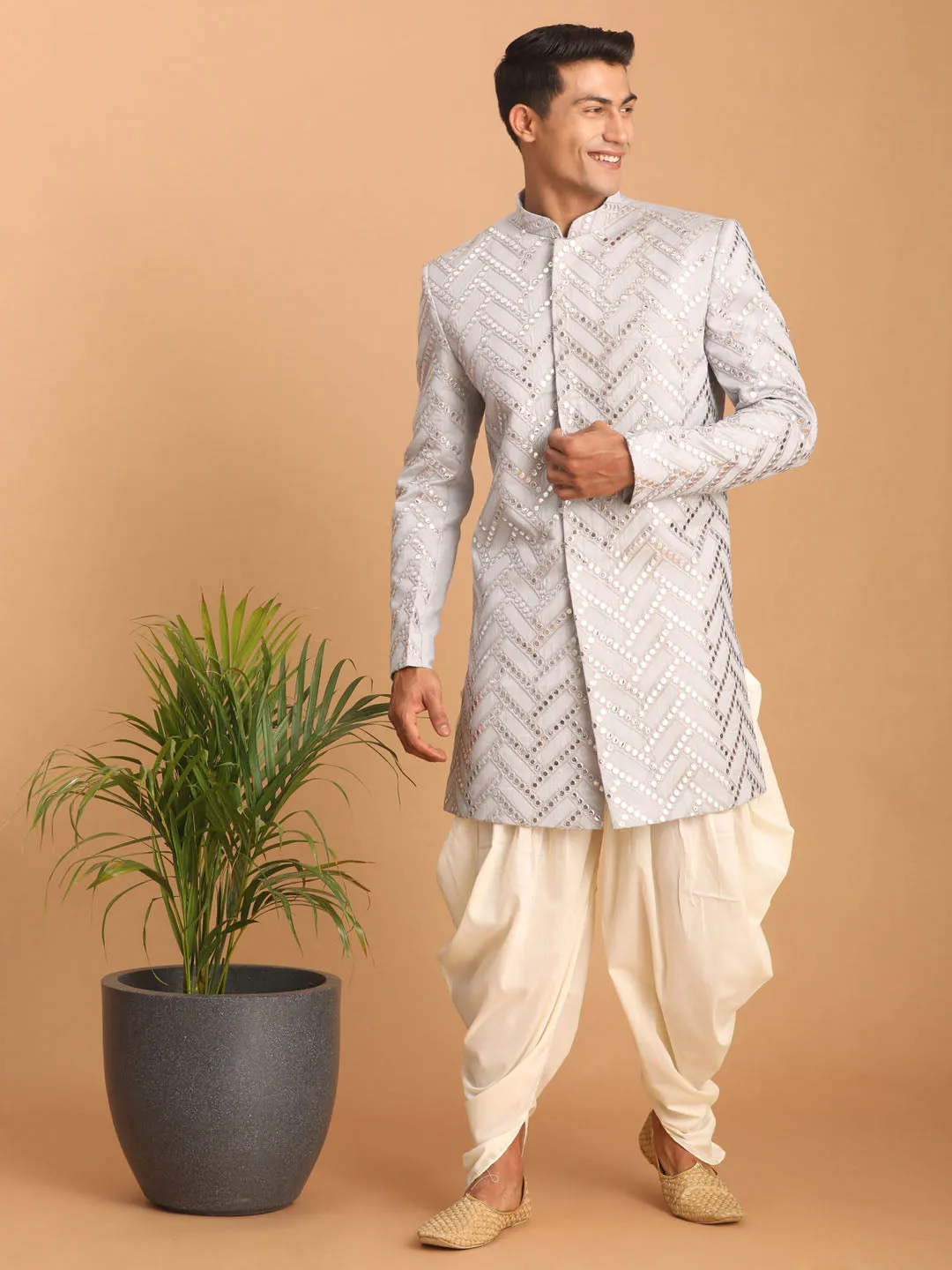 Jashvi Men's Aqua Blue Mirror Indo Western Sherwani Only Top