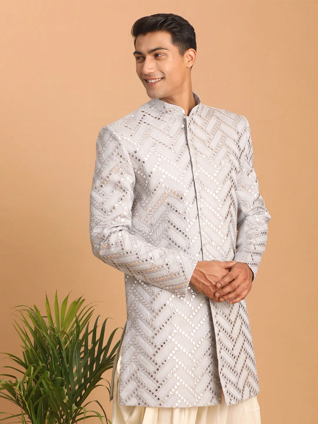Jashvi Men's Aqua Blue Mirror Indo Western Sherwani Only Top