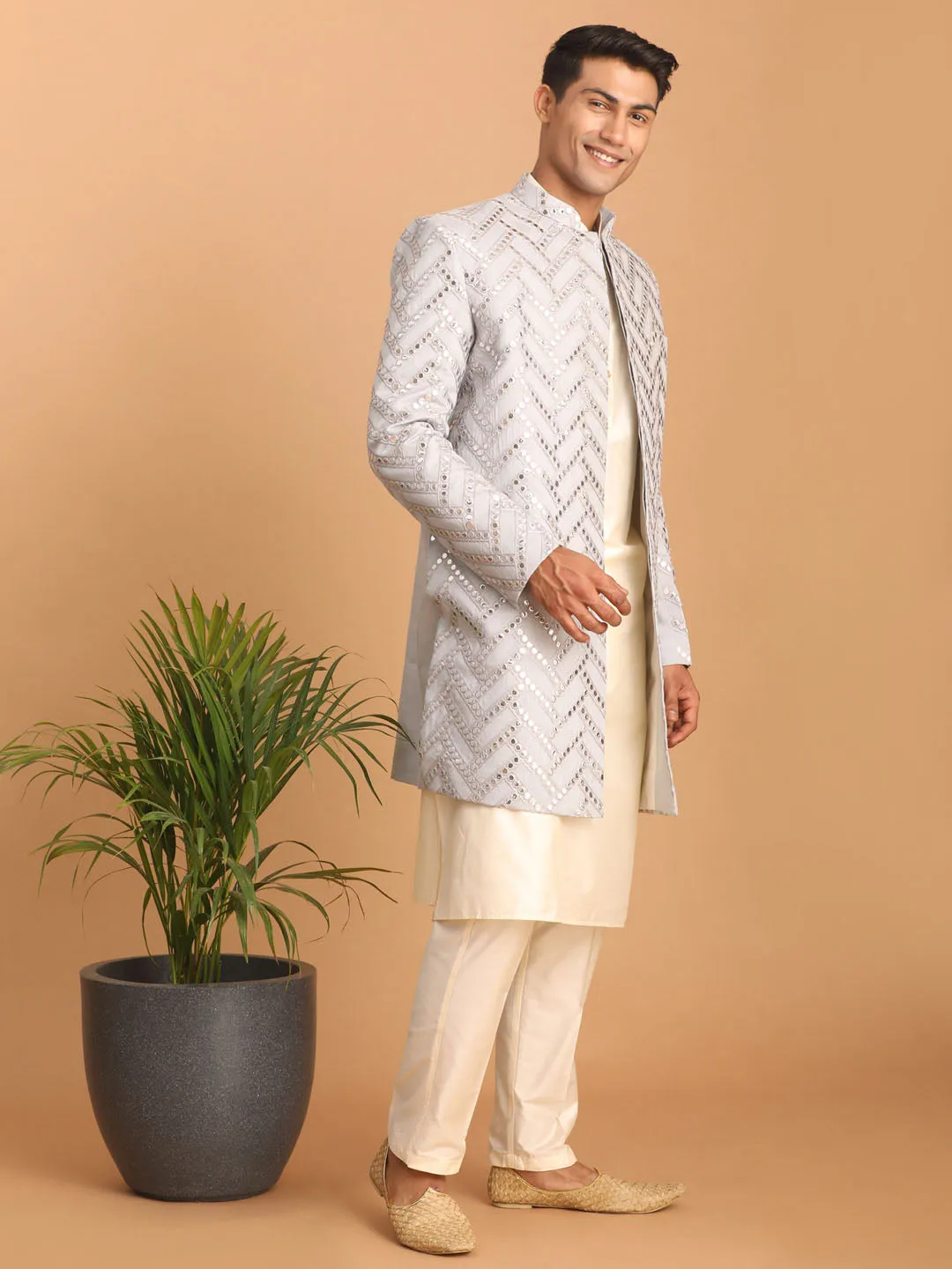 Jashvi Men's Aqua Blue Mirror Indo Western Sherwani with Kurta Pyjama Set