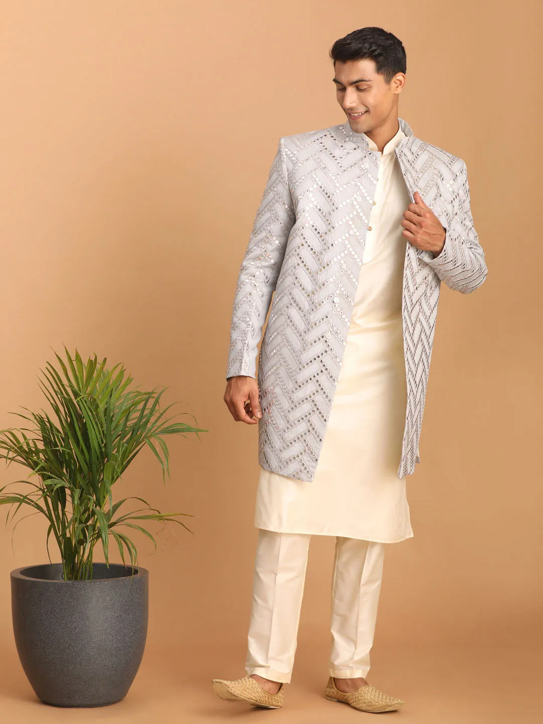 Jashvi Men's Aqua Blue Mirror Indo Western Sherwani with Kurta Pyjama Set