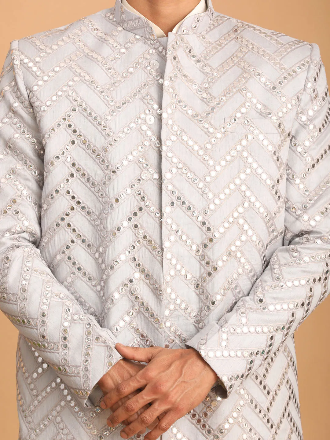 Jashvi Men's Aqua Blue Mirror Indo Western Sherwani with Kurta Pyjama Set