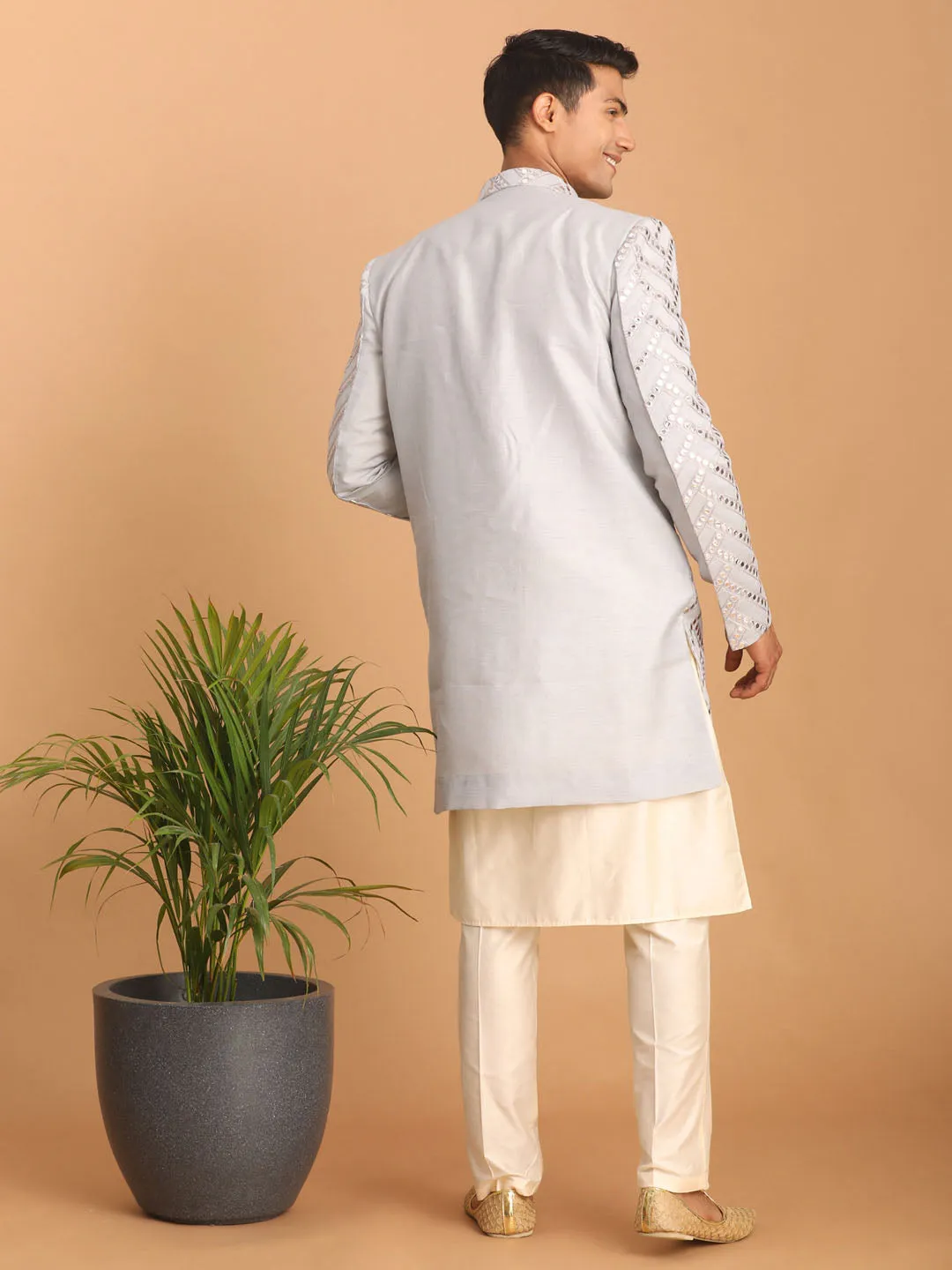 Jashvi Men's Aqua Blue Mirror Indo Western Sherwani with Kurta Pyjama Set