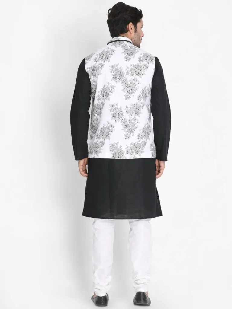 Jashvi Men's Black Cotton Blend Kurta, Nehru Jacket and Pyjama Set