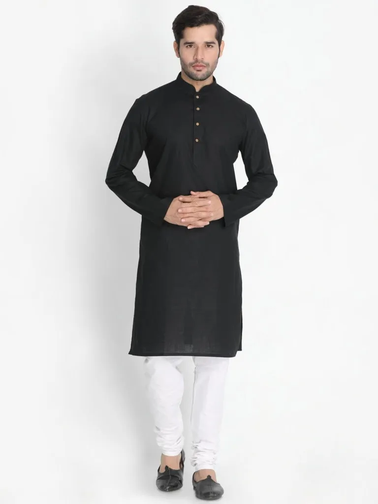 Jashvi Men's Black Cotton Blend Kurta, Nehru Jacket and Pyjama Set