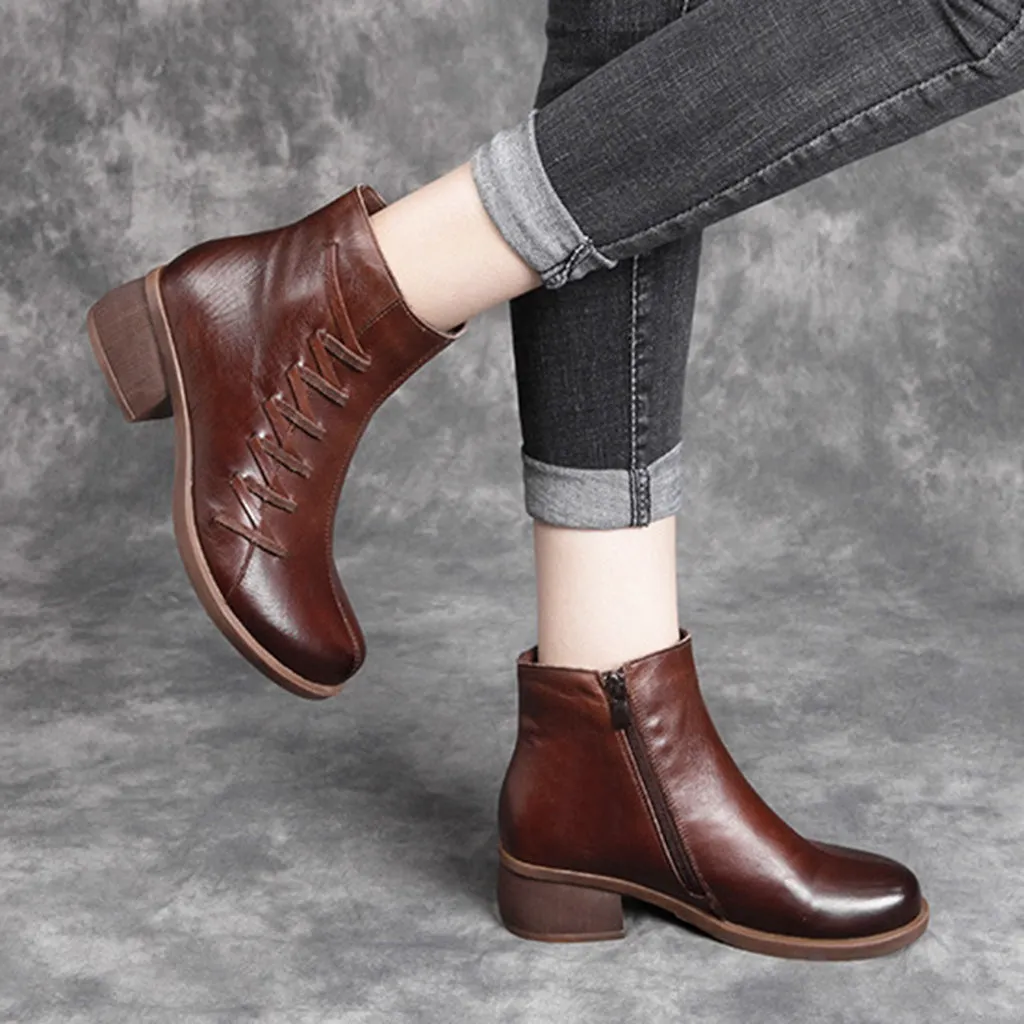 Leather Retro Thick Heel Short Women's Boots