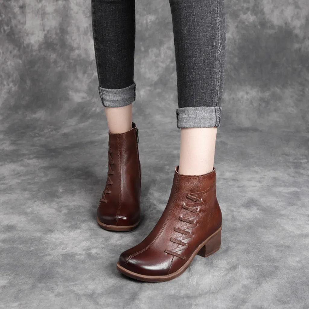 Leather Retro Thick Heel Short Women's Boots