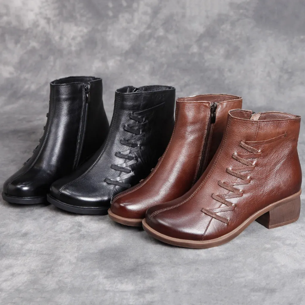 Leather Retro Thick Heel Short Women's Boots