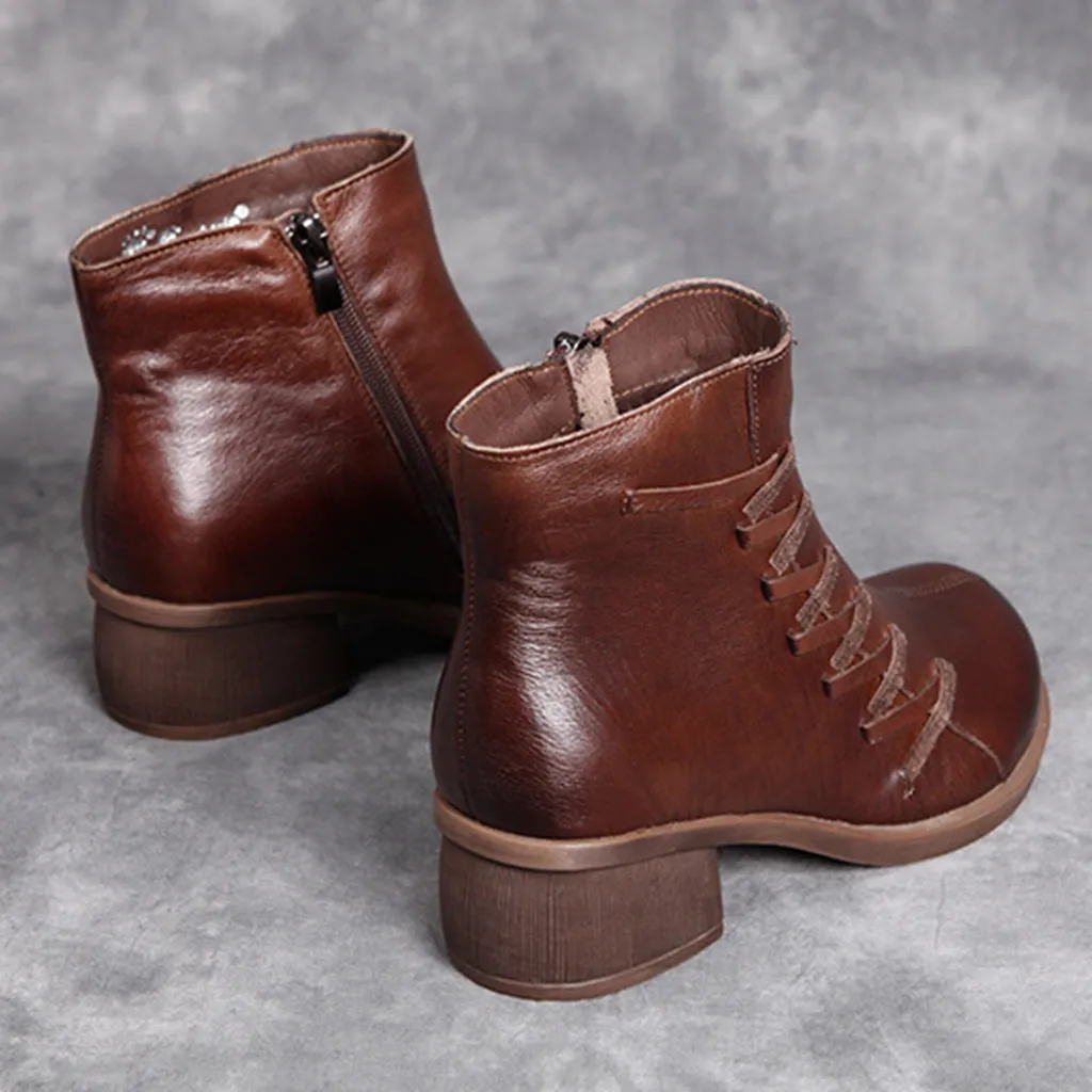 Leather Retro Thick Heel Short Women's Boots