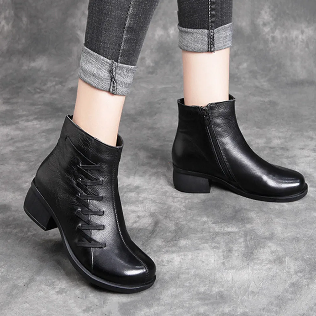 Leather Retro Thick Heel Short Women's Boots