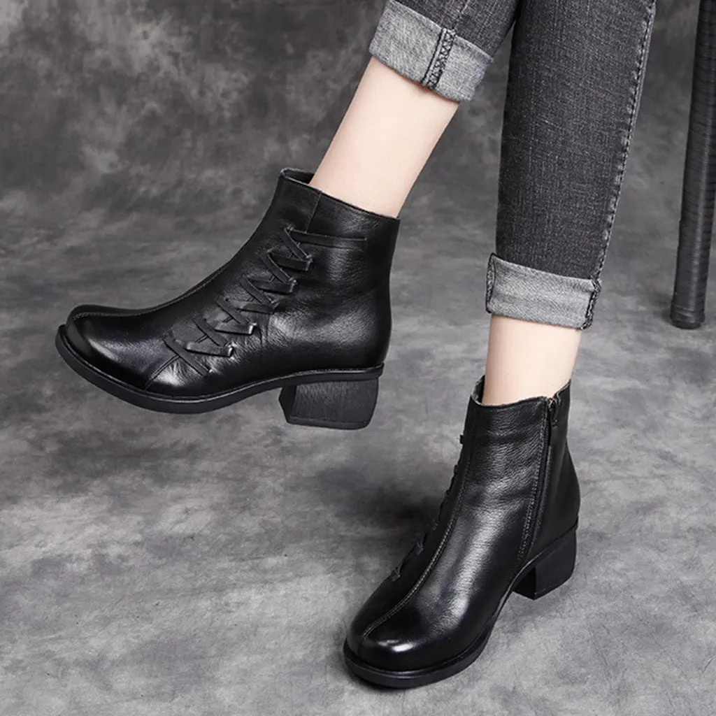 Leather Retro Thick Heel Short Women's Boots