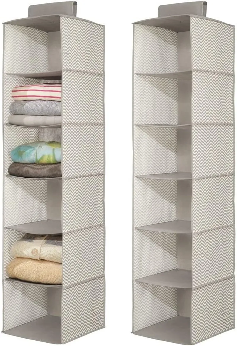 Mdesign Long Soft Fabric over Closet Rod Hanging Storage Organizer with 6 Shelves for Clothes, Leggings, Lingerie, T Shirts - Textured Print with Solid Trim - 2 Pack - Gray
