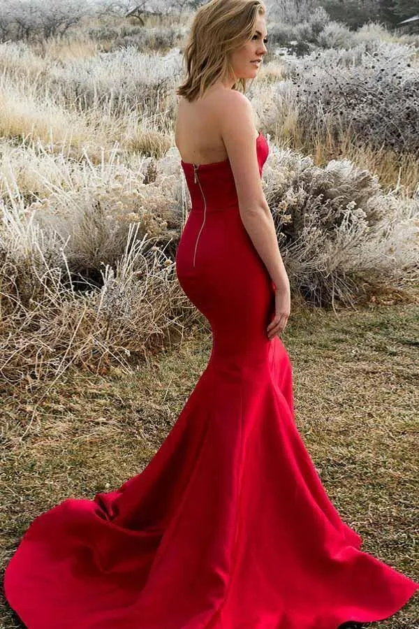 Mermaid Strapless Sweep Train Red Satin Sleeveless Split Pleats Prom Dress  PG951
