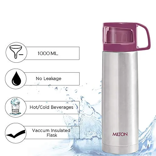 Milton Glassy 1000 Thermosteel 24 Hours Hot and Cold Water Bottle with Drinking Cup Lid, 1 Litre, Pink | Leak Proof | Office | Gym | Home | Kitchen | Hiking | Trekking | Travel