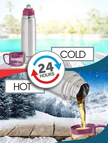 Milton Glassy 1000 Thermosteel 24 Hours Hot and Cold Water Bottle with Drinking Cup Lid, 1 Litre, Pink | Leak Proof | Office | Gym | Home | Kitchen | Hiking | Trekking | Travel