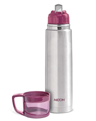 Milton Glassy 1000 Thermosteel 24 Hours Hot and Cold Water Bottle with Drinking Cup Lid, 1 Litre, Pink | Leak Proof | Office | Gym | Home | Kitchen | Hiking | Trekking | Travel