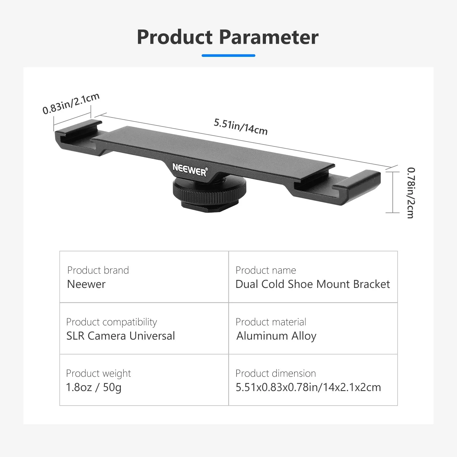 NEEWER Dual Cold Shoe Mount Bracket, Aluminum Alloy Dual Hot Shoe Extension Bar