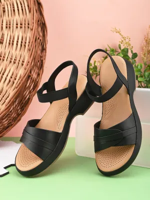 Pelle Albero Black Faux Leather Slip on Extra Padding Comfortable Sandal For Women