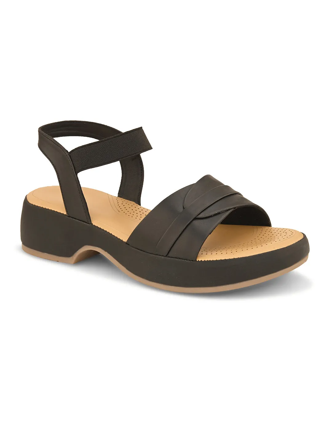 Pelle Albero Black Faux Leather Slip on Extra Padding Comfortable Sandal For Women