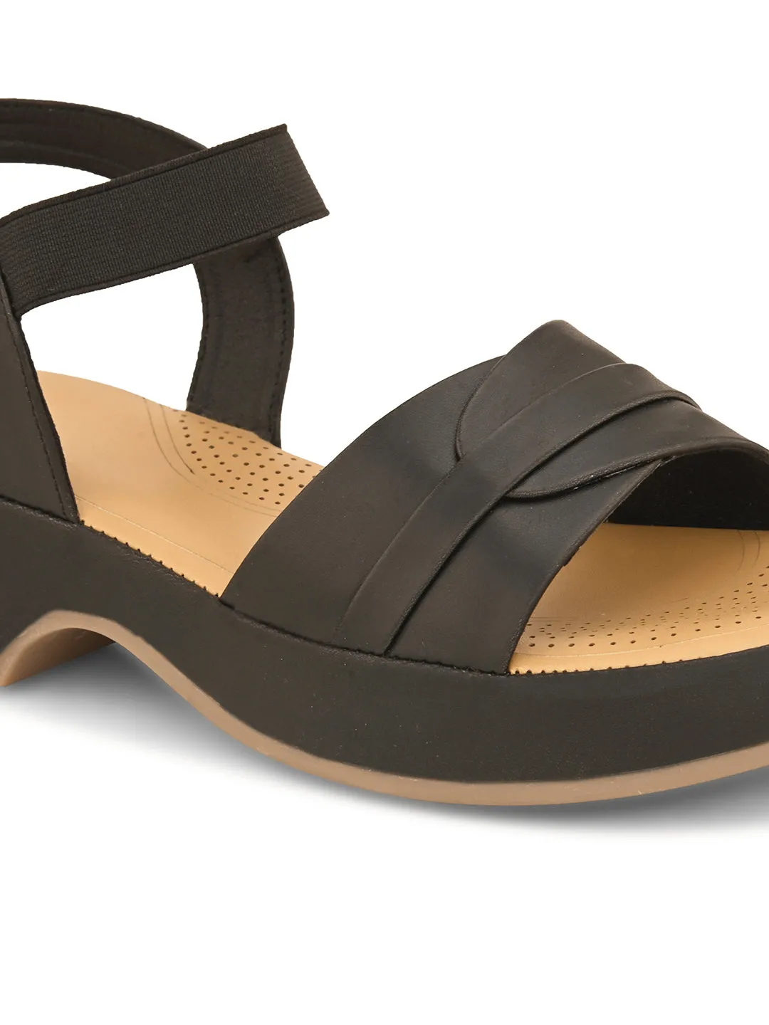 Pelle Albero Black Faux Leather Slip on Extra Padding Comfortable Sandal For Women