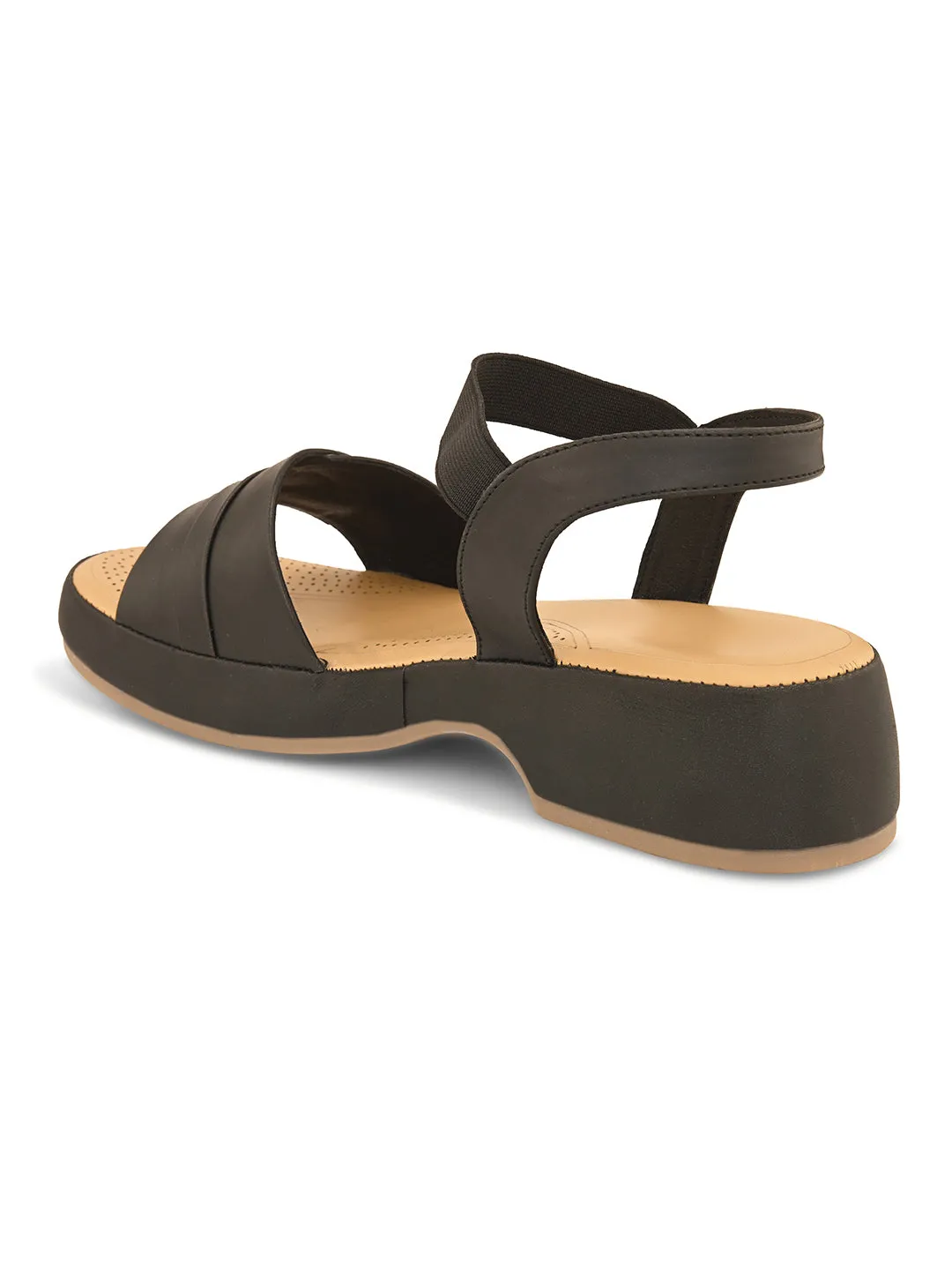 Pelle Albero Black Faux Leather Slip on Extra Padding Comfortable Sandal For Women