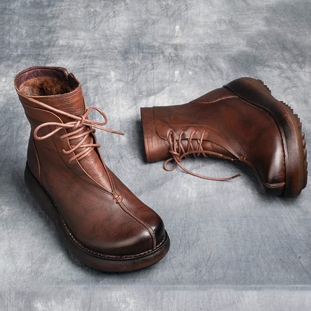 Retro Leather Velvet Platform Boots