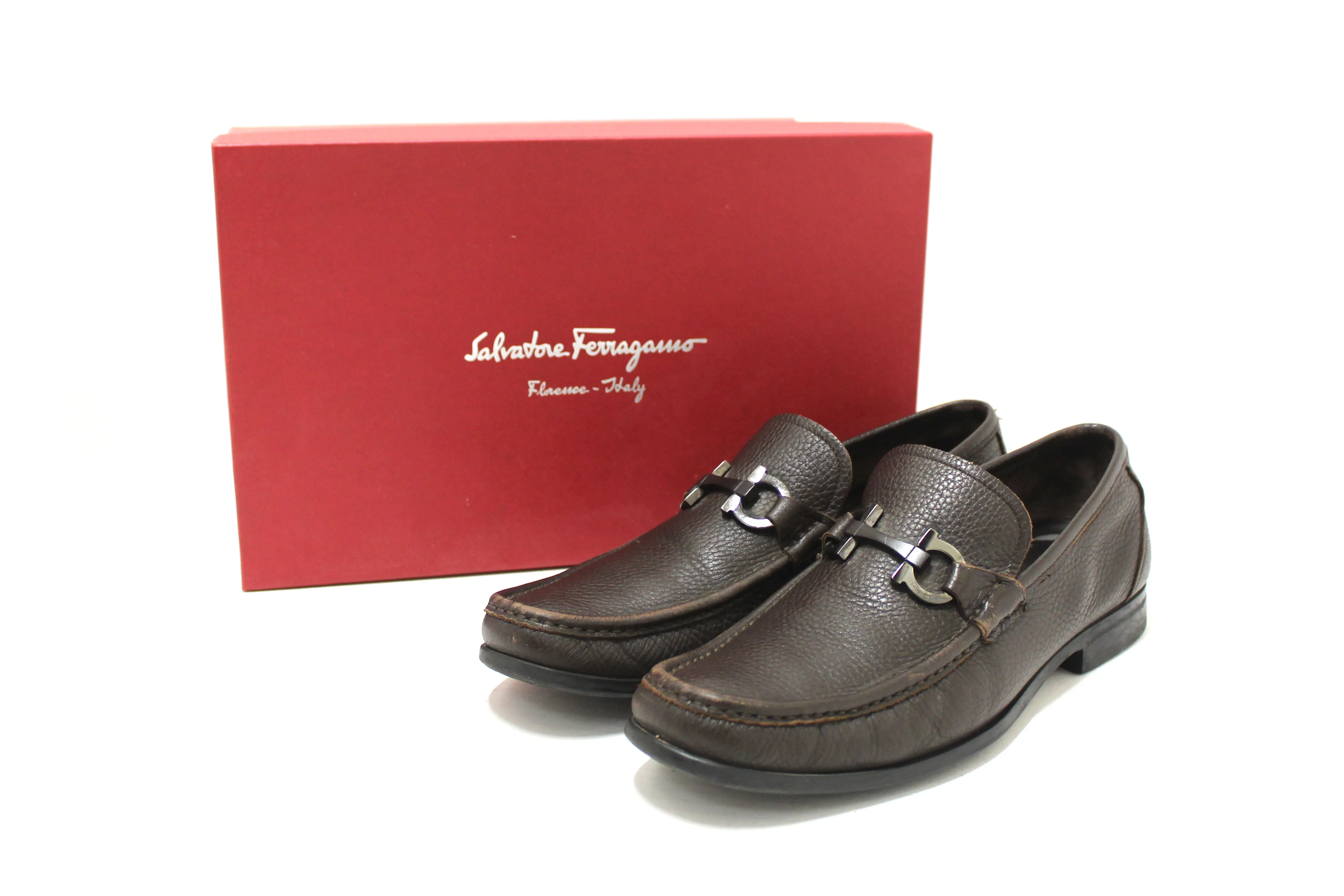 Salvatore Ferragamo Men's Brown Grandioso Calf Leather Loafer Dress Shoes size 8