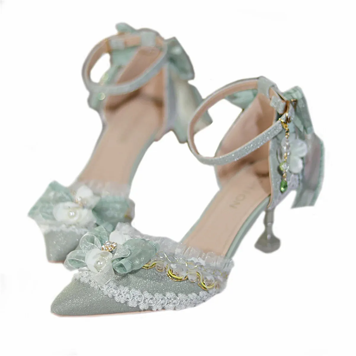 Sohiwoo French Idyllic Style Lolita Girls Shoes Sweet Cute Pointed Sandals Ribbon Bowknot Lace Ruffle Pearls Flower Gems 7cm High Heeled