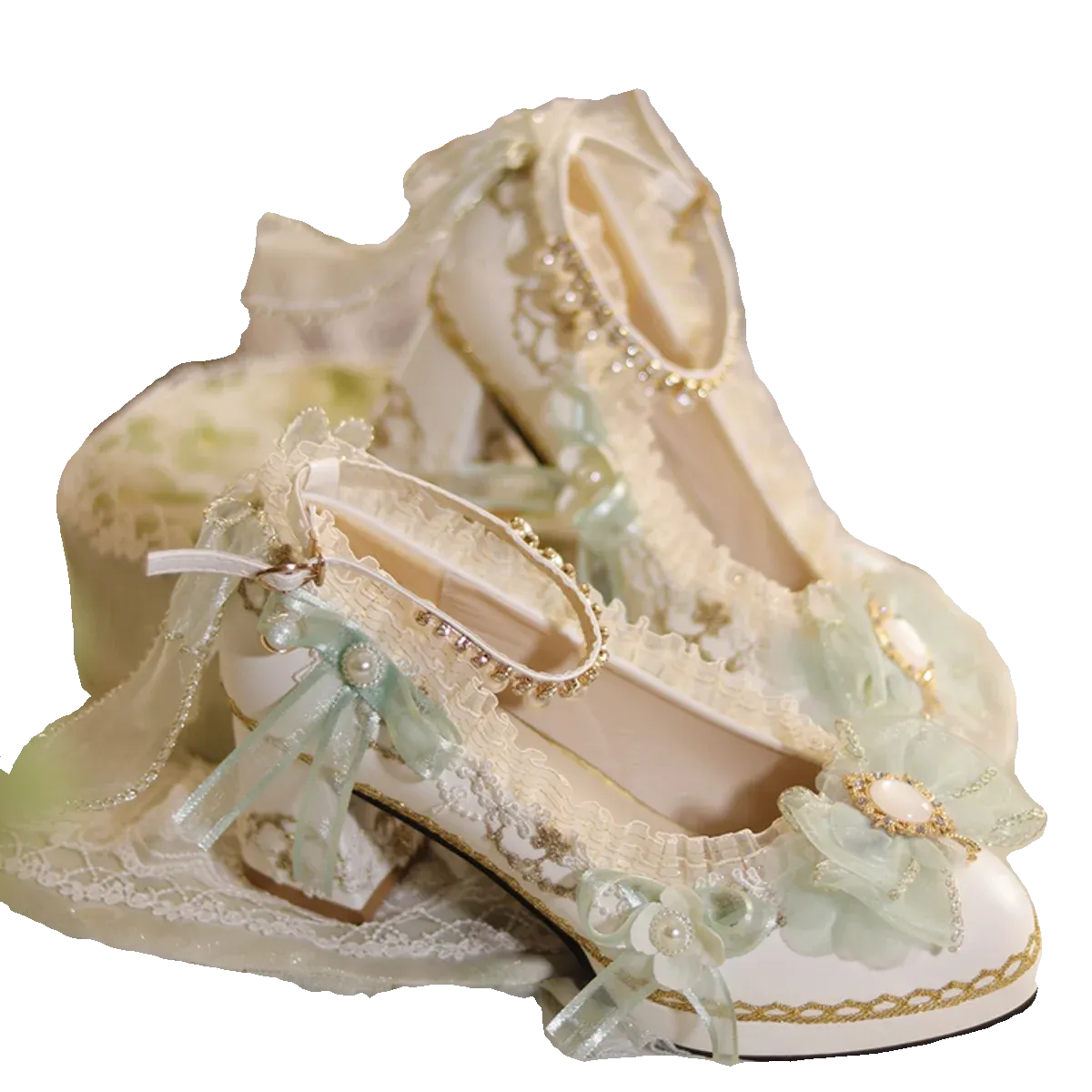 Sohiwoo French Vintage Lolita Girls Shoes Elegant Tea Party Palaca Ribbon Bowknot Pearls Gems Lace Pointed Sandals 5-6cm High Heeled