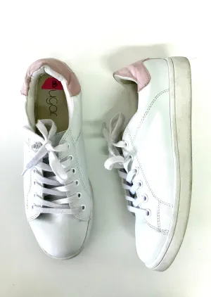 SUGAR Women's classic white low cut lace-up trainers pink pull tab, 8